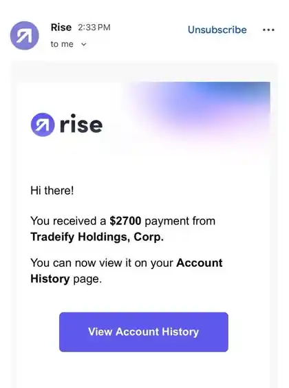 Payout confirmation screenshot showing a $2,700 payout